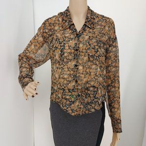 FREE PEOPLE BROWN FLORAL PRINT HI LOW BUTTON UP LONG SLEEVES TOP BLOUSE SIZE: SX